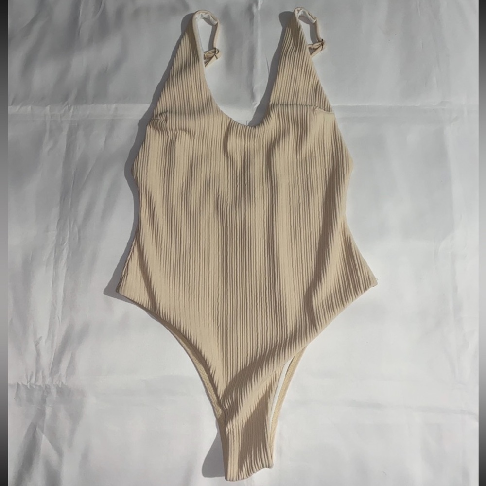 No Brand Textured Pattern One Piece Nude/Beige Cami Straps Bathing Suit